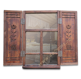 Зеркало-окно с резными ставнями с прямым верхом "На окошке два цветочка..."