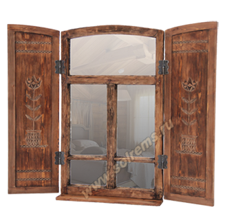 Зеркало-окно с резными ставнями "На окошке два цветочка..."
