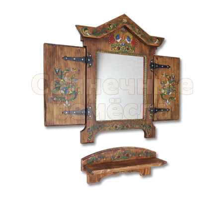 Зеркало-окно в раме со ставнями и с полочкой "Билибинские мотивы"