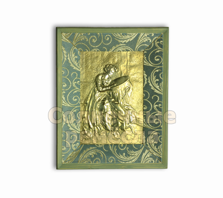 Картина-чеканка "Вышивальщица" (чеканка по латуни, сосна, жаккардовая ткань)